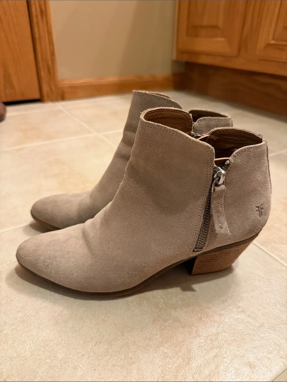 Frye Taupe Suede Pointed Ankle Booties